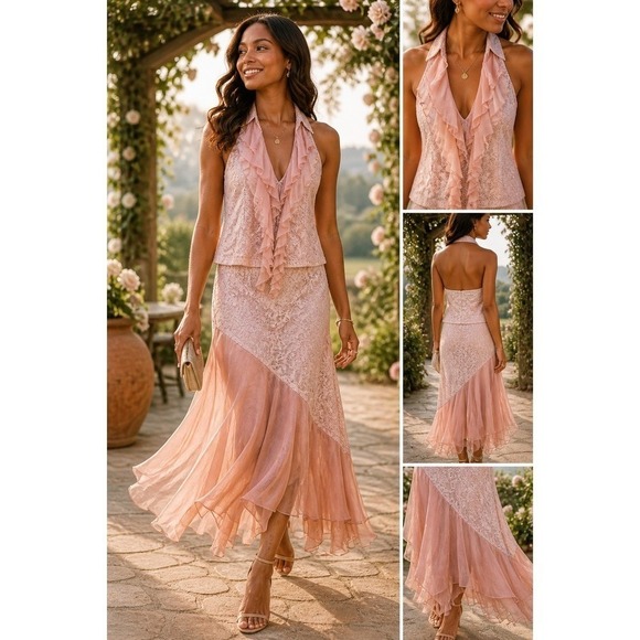 Casadei Dresses & Skirts - Casadei Blush Pink Lace & Chiffon 2-Piece asymemtrical hem Dress Set Large